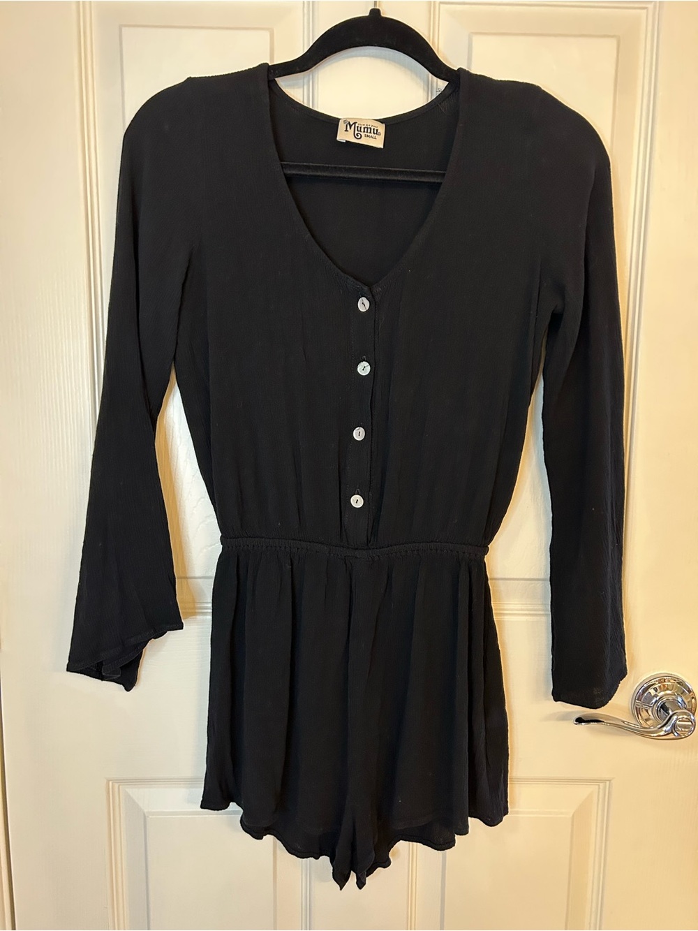 Show Me Your MuMu Black Button-Front bell sleeve Romper (Bin 100)
